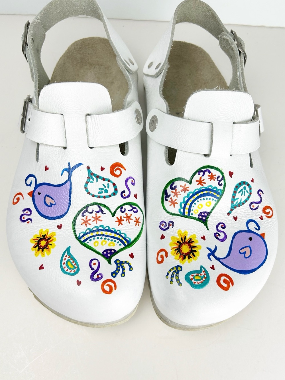 Birkenstock Tokio Super Grip White Leather Custom Painted Slingback Clogs EU 41